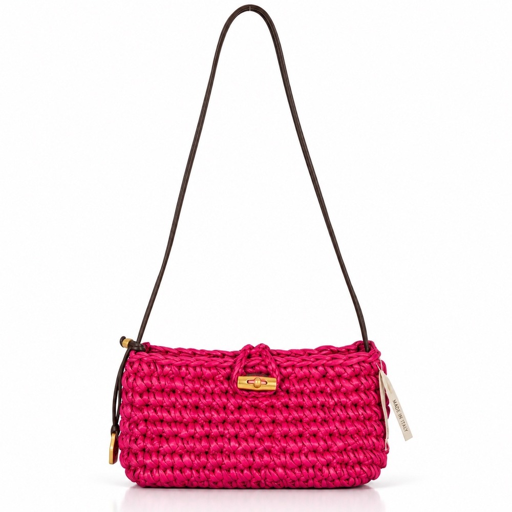 Liz Claiborne Woven Straw Crossbody Bag OS Magenta Pink Bamboo Toggle Boho Bag